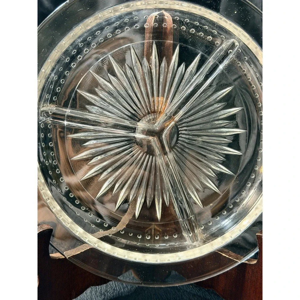 Clear Glass Relish Dish 3 Part Divided Dots‎ & Starburst Bottom MCM (2822)